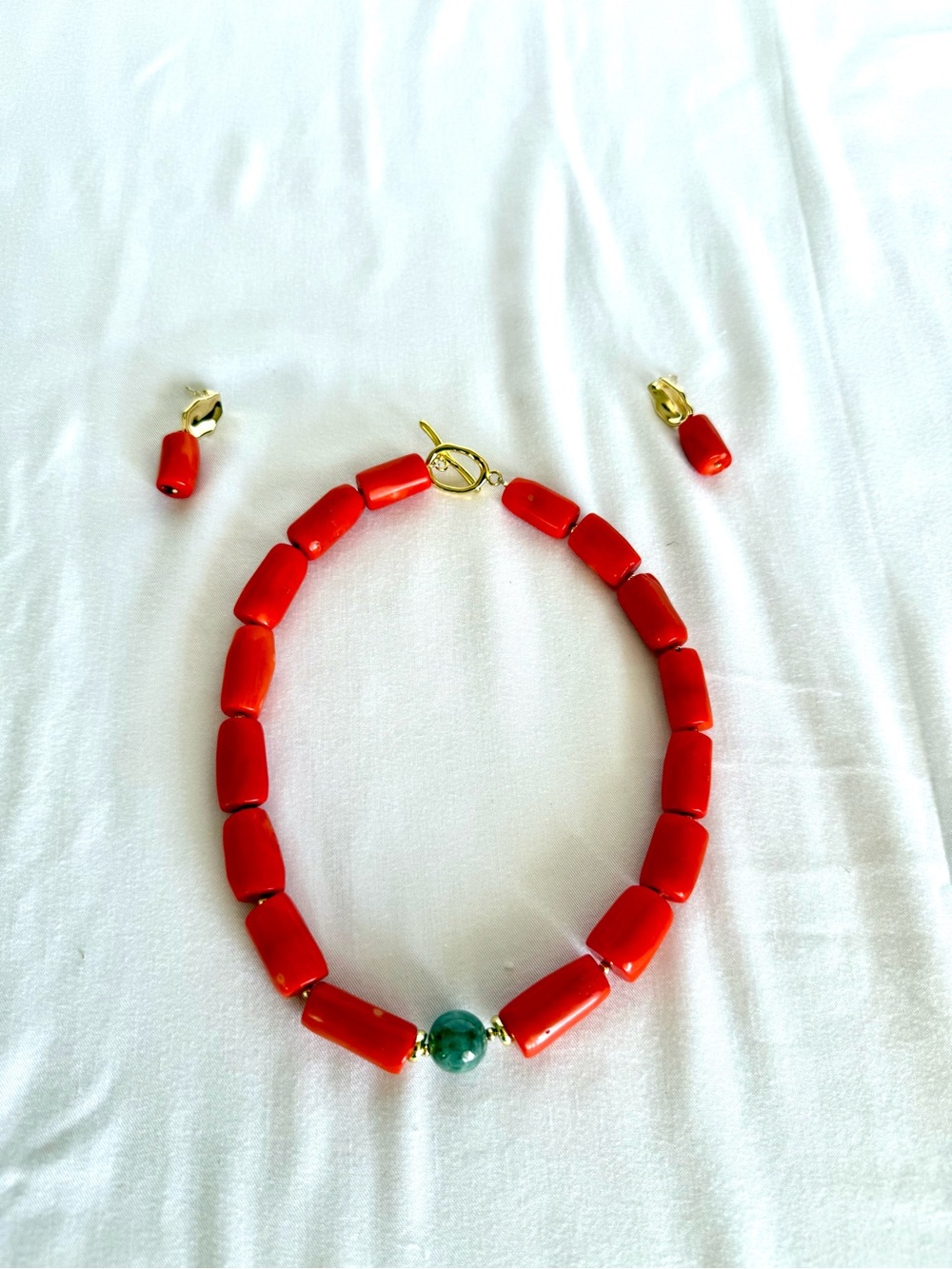 Statement Coral Orange Red Bead Necklace with Accent and Gold Details + Earrings